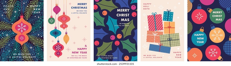 Christmas Minimalist card set - abstract Holidays flyers. Lettering with Christmas and New Year decorative elements. Vector illustration.