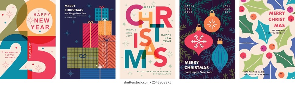 Christmas Minimalist card set - abstract Holidays flyers. Lettering with Christmas and New Year decorative elements. Vector illustration.