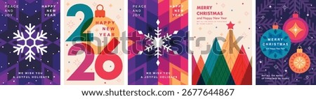 Christmas Minimalist card set - abstract Holidays flyers. Lettering with Christmas and New Year decorative elements. Vector illustration.