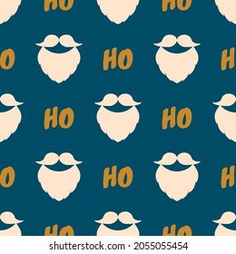 Christmas minimalist pattern. Vector seamless background with a beard, moustache and text Ho Ho Ho. Colour palette Pop Art Stile. Festive design for poster backdrop, gift wrappers, textile, fabric.