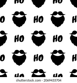 Christmas minimalist pattern. Vector seamless background with a beard, mustache, and text Ho Ho Ho. Black and white colors. Festive design for poster backdrop, gift wrappers, textile, fabric, prints.