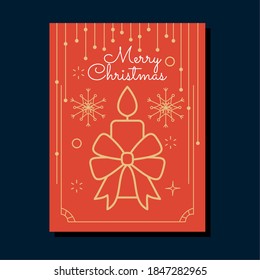 christmas minimalist red card with candle with decorative bow over blue background, colorful design, vector illustration