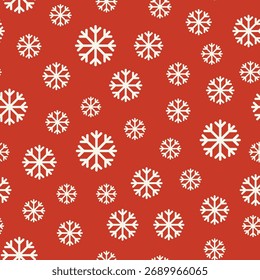 A Christmas minimalist seamless pattern with snowflakes of different sizes on a red background