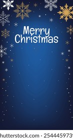 Christmas minimalist vertical banner. Golden inscription Merry Christmas, snowflakes of gold and white colors on a blue background. New Year design.