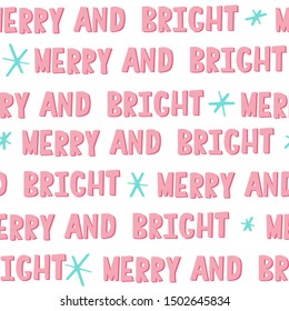 Christmas minimalist zine wrapping paper design. Scandinavian pink and mint envelope liner, seamless pattern repeat background. Merry and bright quotes hand lettering typography retro art.