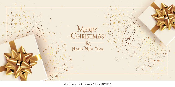 Christmas minimalistic banner design template with realistic gift boxes and golden confetti on light background. Vector illustration