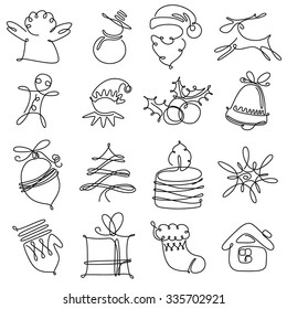 Christmas minimalistic icons. Continuous line pictogram with Angel, Snowman, Santa Claus, Deer, Gingerbread man. Elf, berry, bell, decoration ball, New Year gift, Christmas tree, house