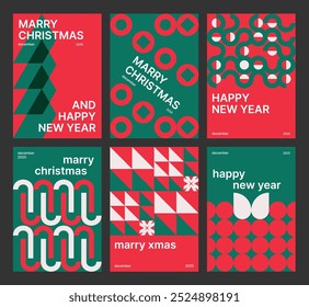 Christmas minimalistic poster design set. Christmas card design. New Year pattern of geometric elements. Vector illustration.