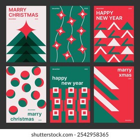 Christmas minimalistic poster design set. Christmas card design. New Year pattern of geometric elements. Vector illustration.