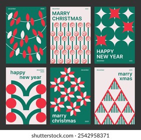 Christmas minimalistic poster design set. Christmas card design. New Year pattern of geometric elements. Vector illustration.