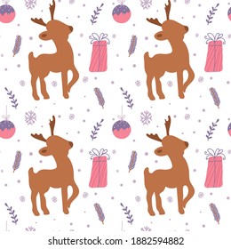 Christmas minimalistic seamless pattern with reindeer, present, and ball. Vector illustration with a winter motif for paper wrapping, postcards.