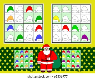 Christmas Mini-Sudoku, with Santa Claus hats. Super easy and easy. Vector set.