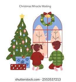 Christmas Miracle Waiting concept. Siblings gazing out a snowy window beside a festive tree, full of hope and holiday spirit. Vector illustration.