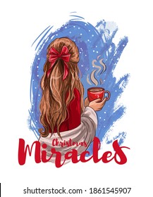 Christmas Miracles. Hand drawn beautiful young woman. Fashion woman look. Sketch. Vector illustration 