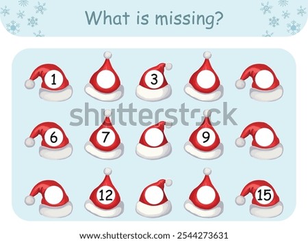 Christmas missing figure game for kids. Fun educational activity with Santa Claus, ideal for preschool learning and holiday play.