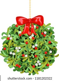 Christmas Mistletoe. Ball With Bow On Chain