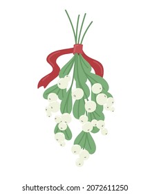 Christmas mistletoe bouquet with ribbon. Vector festive illustration.