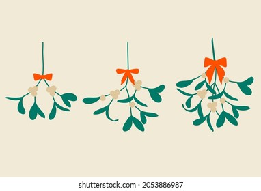 Christmas mistletoe with a bow. Hanging  green plant with berries as a traditional symbol for Christmas. Vector drawing in a simple cartoon style. Isolated clipart.