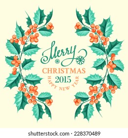 Christmas mistletoe branch frame drawing with holiday text. Vector illustration.