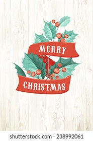Christmas mistletoe branch isolated over wooden background. Vector illustration.