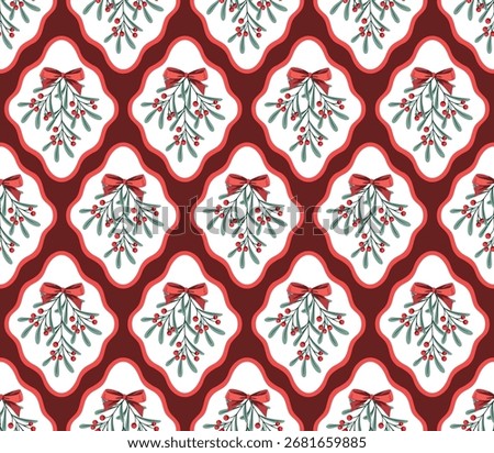 Christmas mistletoe branch, red bow seamless pattern. Merry Christmas, New Year wallpaper.