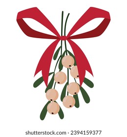 Christmas mistletoe branch. Xmas plant with berries and red ribbons, traditional mistletoe branch for Christmas card and decorations flat vector illustration