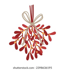 Christmas mistletoe bunch. Vector illustration of red mistletoe branches with leaves and yellow berries. Sprigs with a ribbon tied with a bow, isolated on a white background.