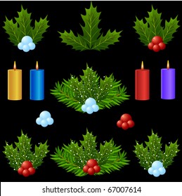 Christmas mistletoe and candle design vector set isolated on black