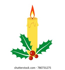 Christmas mistletoe with candle icon. Flat design. Vector.