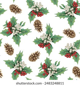 Christmas mistletoe and cone seamless pattern. Winter wallpaper.	