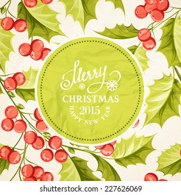 Christmas mistletoe drawing over card with holiday text and border. Vector illustration.