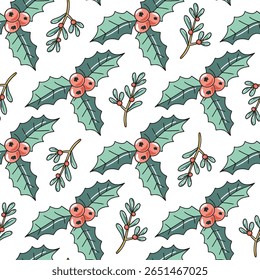 Christmas mistletoe and European holly green leaves and red fruits and berries seamless pattern. Traditional winter decoration and festive design for Wrapping paper, Textile, Wallpaper, Scrapbooking