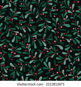 Christmas Mistletoe Foliage and Lingonberries Vector Seamless Pattern. Berries and Twigs. Winter Holidays Festive Print. Festive Botanical Design