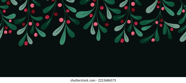 Christmas Mistletoe Foliage and Lingonberries Vector Seamless Horizontal Pattern Border. Berries and Twigs. Winter Holidays Festive Washi Tape Print. Festive Botanical Design