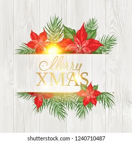 Christmas mistletoe frame drawing with holiday text on the wooden background. Vector illustration.