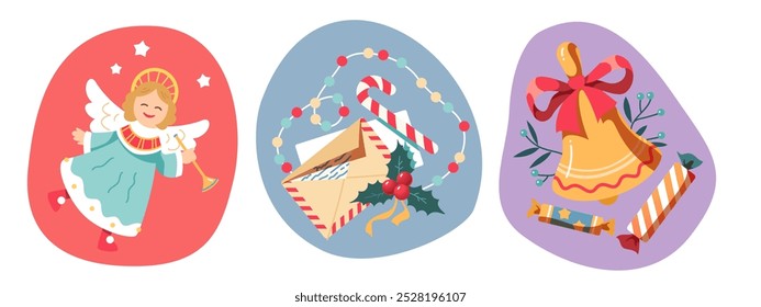 Visco de Natal, enfeites de guirlanda. Anjo de Natal, sino festivo, tradicional cana de doces, carta, doces presentes. Ano Novo celebração de férias de inverno elementos decorativos vetor plana ilustração