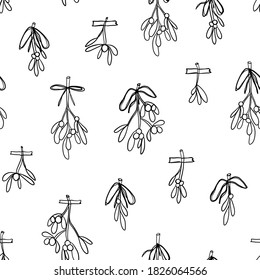 Christmas Mistletoe Hand-drawn Doodle Vector Seamless Pattern Design For Fabric, Wrapping, Textile, Wallpaper, Background.