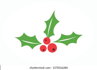 Christmas mistletoe. Holly berry vector icon. Traditional winter holiday symbol. Flat illustration isolated on white. Red berries with green leaves