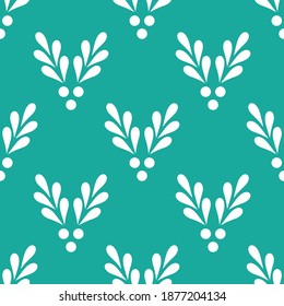 Christmas mistletoe leaf plant white seamless pattern. Vector illustration.