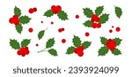 Christmas mistletoe and leaf, winter holly berries vector icon, xmas decoration, red ilex branch isolated on white background. Cartoon holiday illustration