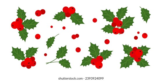 Christmas mistletoe and leaf, winter holly berries vector icon, xmas decoration, red ilex branch isolated on white background. Cartoon holiday illustration