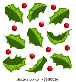 Christmas mistletoe leaves and berries vector set on a white background.