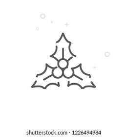 Christmas Mistletoe Leaves Vector Line Icon. New Year Celebrations Symbol, Pictogram, Sign. Light Abstract Geometric Background. Editable Stroke. Adjust Line Weight. Design with Pixel Perfection.