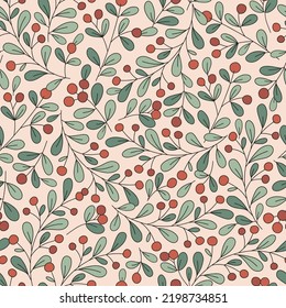 Christmas mistletoe with red berries Xmas plant vector seamless pattern. Boho Vintage holiday season floral decoration background. Holiday season surface design for gift wrapping paper.