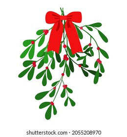 Christmas mistletoe with red bow and berries. Vector illustration. Isolated on white background.