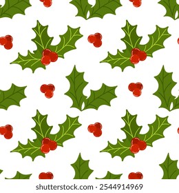 Christmas mistletoe seamless pattern. Christmas background with mistletoe leaves and berries. Vector hand drawn print isolated on white background. Illustration for printing, packaging, wrapping paper