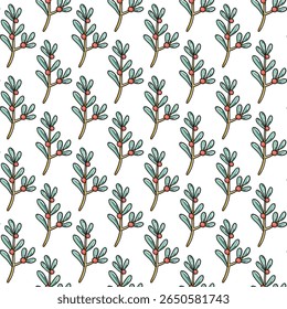 Padrão sem costura de visco de Natal. Decoração tradicional de inverno com folhas verdes e frutos vermelhos. Fundo festivo, Papel de embrulho, Têxtil, Papel de parede, Scrapbooking design