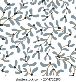 Christmas mistletoe seamless pattern. Trendy vector hand drawn floral illustration of branches with berries. Scandinavian simple cartoon style. Ideal for printing textiles, fabrics, packaging paper