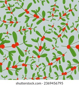 Christmas mistletoe seamless pattern. Trendy vector hand drawn floral illustration of branches with berries. Scandinavian simple cartoon style. Ideal for printing textiles, fabrics, packaging paper