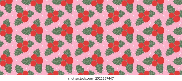 Navidades de muérdago sin patrón. Hoja de acebo de Vector de color de moda con bayas. Textura de invierno para papel de regalo